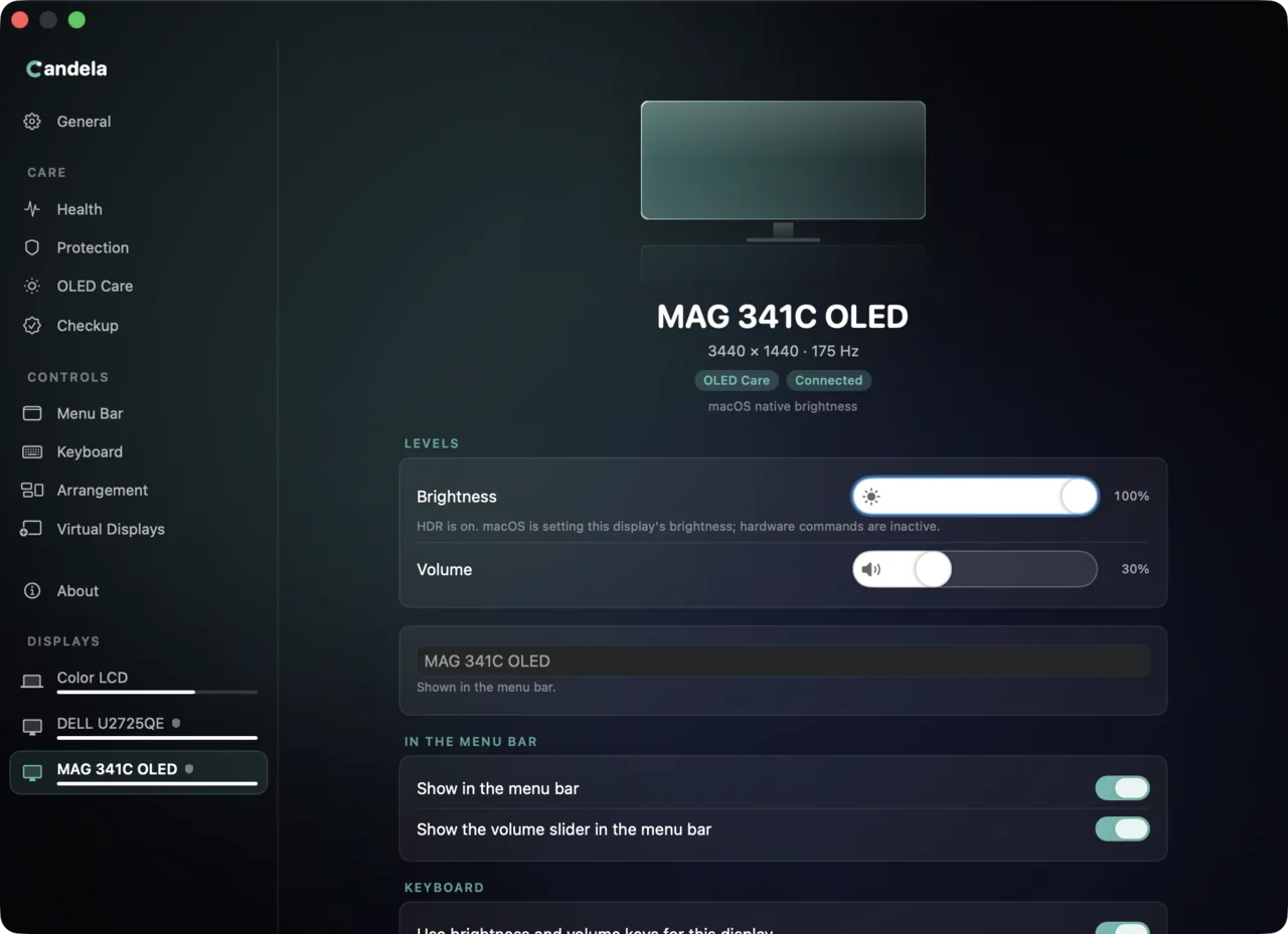 A display's own page in Candela's settings: the MAG 341C OLED at 3440 by 1440, 175 Hz, enrolled in OLED Care, with its brightness and volume levels.