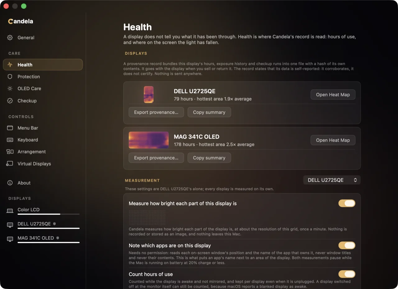 The Health pane: exposure thumbnails, hours and hottest-area figures for two displays, and the measurement switches.