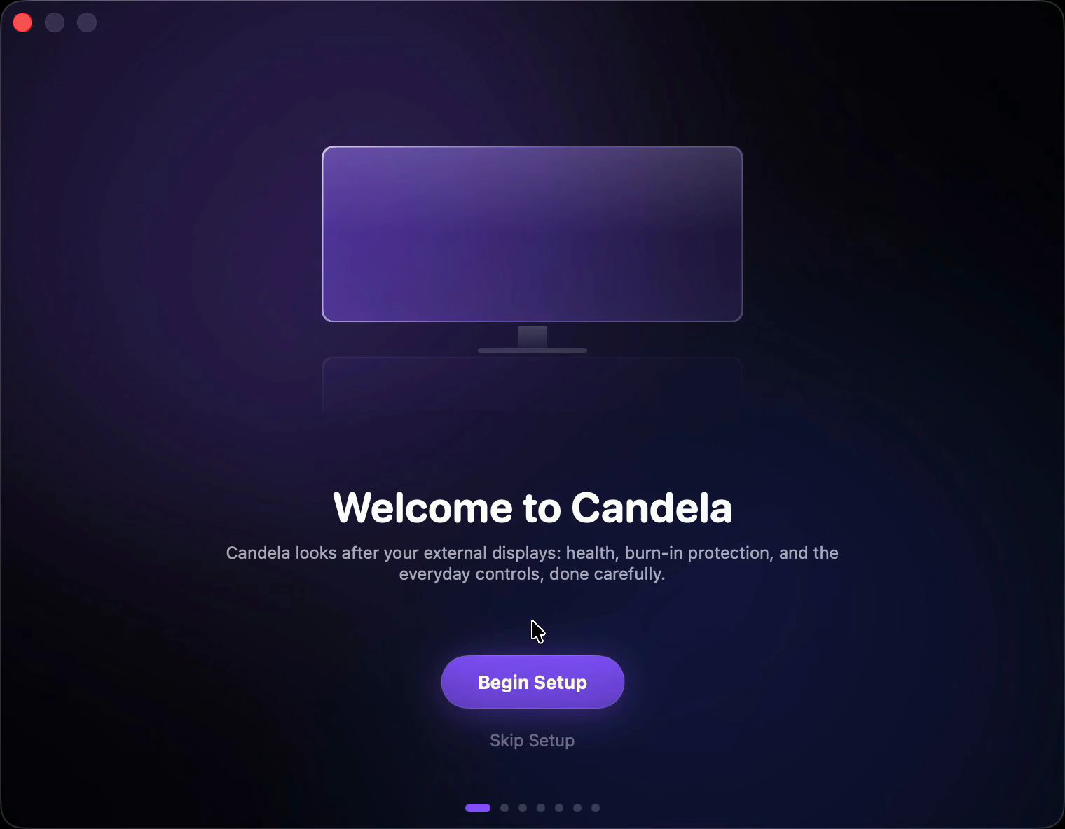 Candela's guided setup: it finds both connected displays, reports what each answers over DDC, asks about keyboard access, and flags the OLED for protection.