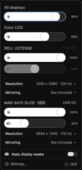 The menu-bar panel: brightness sliders for All displays, the built-in display and two external displays, volume sliders for the externals, resolution and mirroring rows, and a Keep display awake switch.